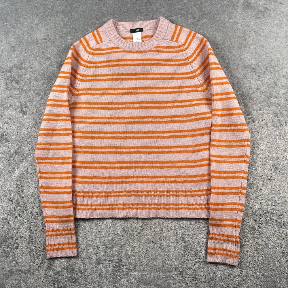 Vtg J Crew Sweater Women XS Pink Orange Lambswool Striped Crew Japan 64954‎ Y2K